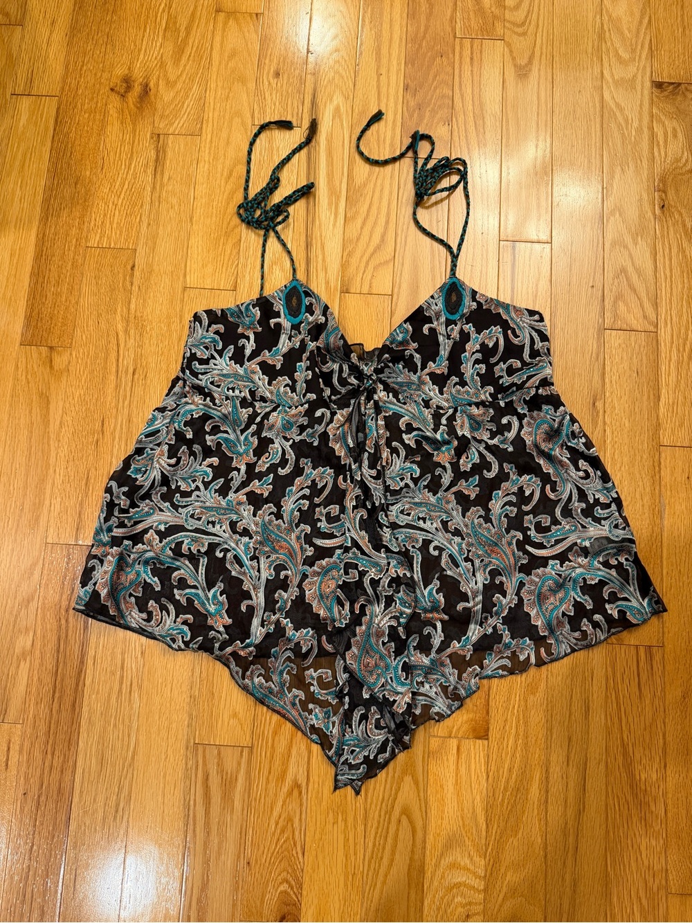 Womens Black Paisley Halter Tank Top with Turquoise Accents